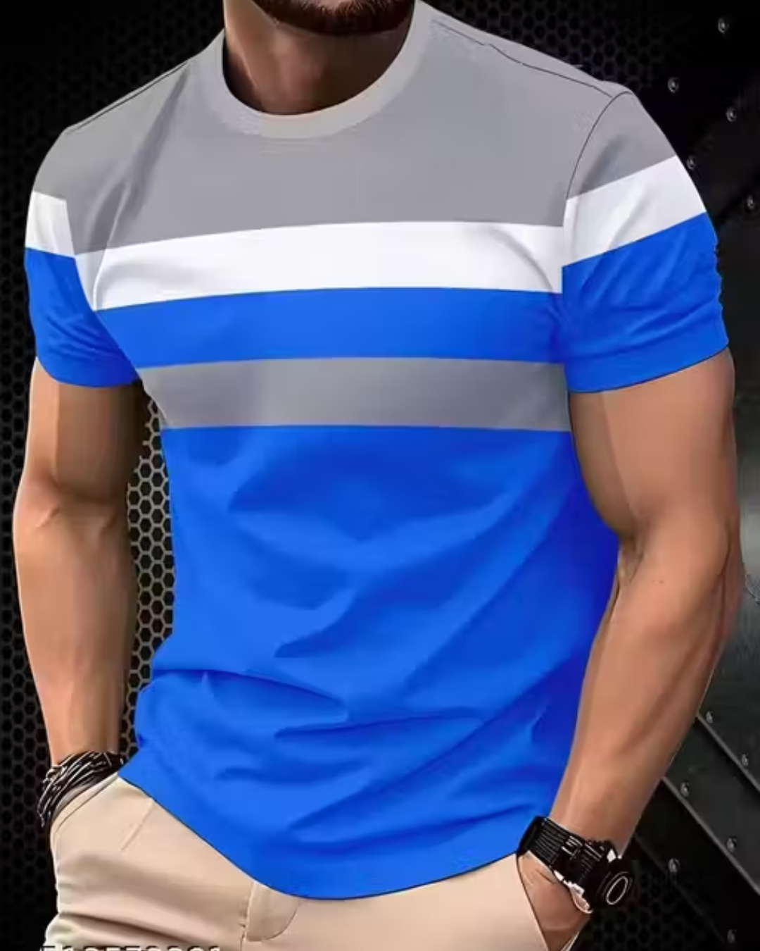 Men’s Color‑Block Round Neck T‑Shirt – Stretchy Cotton Blend, Relaxed Fit | Casual & Sporty