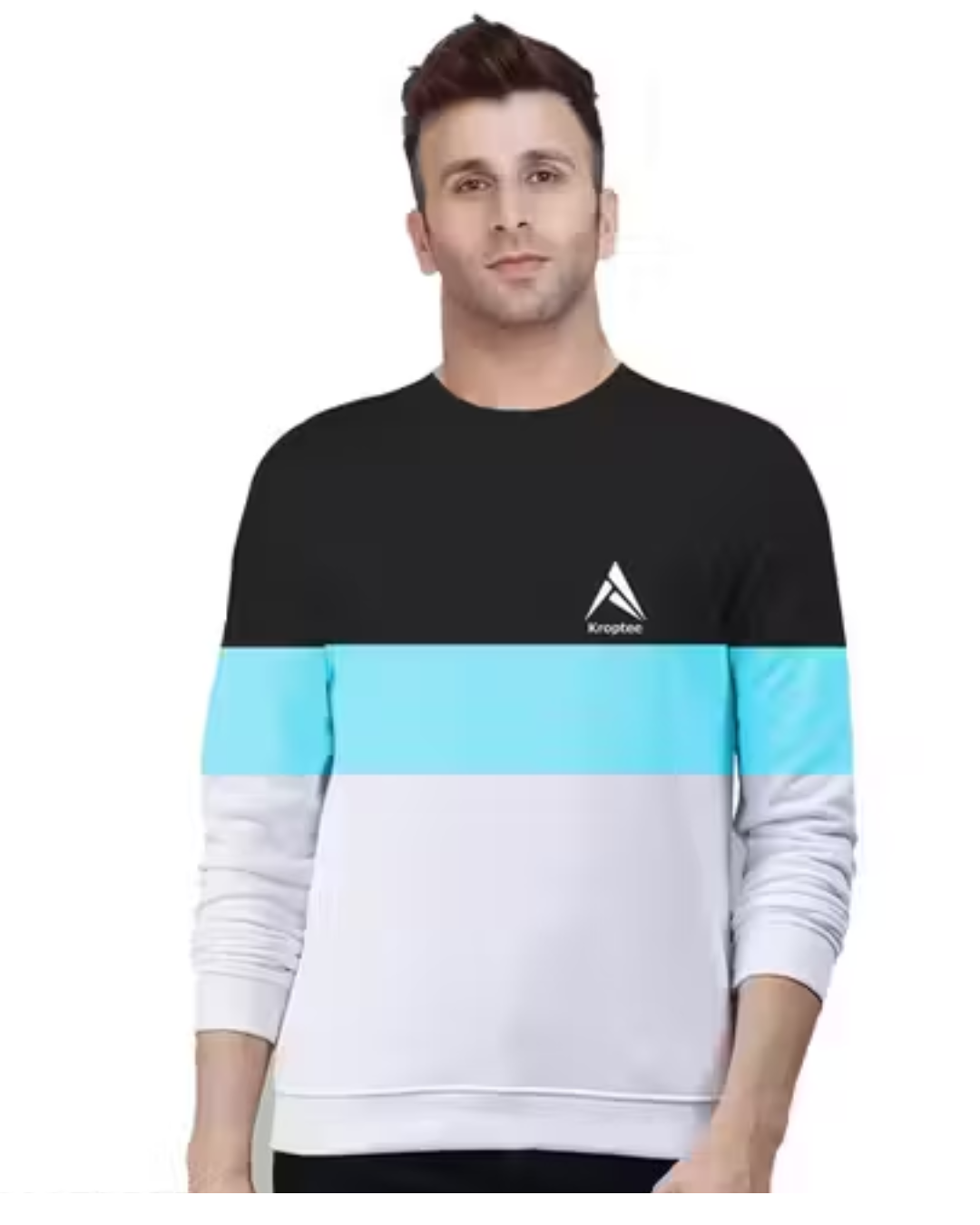 Kroptee Color Block Men's T-shirt Light Blue, White & Black Full Sleeve Round Neck (Pack of 1)