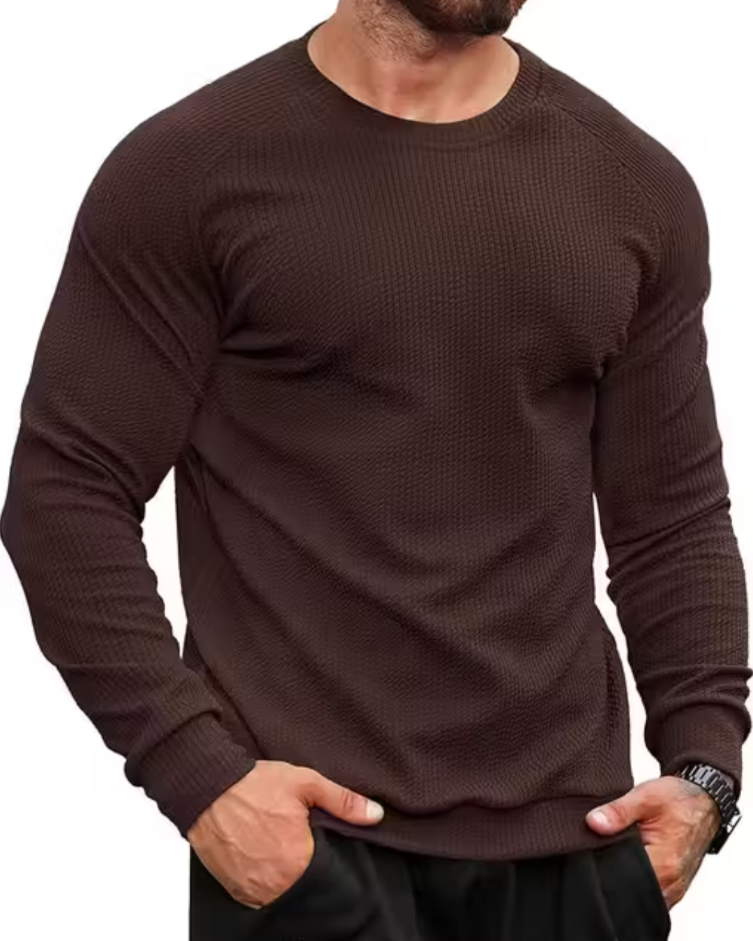 Men’s Waffle-Texture Full-Sleeve Polycotton T‑Shirt – Round Neck, Slim Fit | Breathable & Stylish
