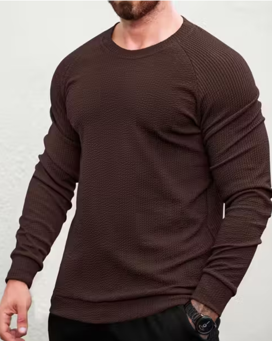 Men’s Waffle-Texture Full-Sleeve Polycotton T‑Shirt – Round Neck, Slim Fit | Breathable & Stylish