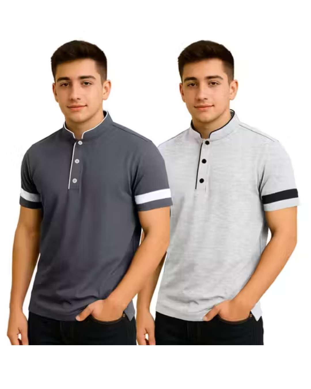 Men’s Solid Cotton-Blend T‑Shirts – Pack of 2, Short Sleeves, Mandarin Collar | Comfortable Everyday Wear